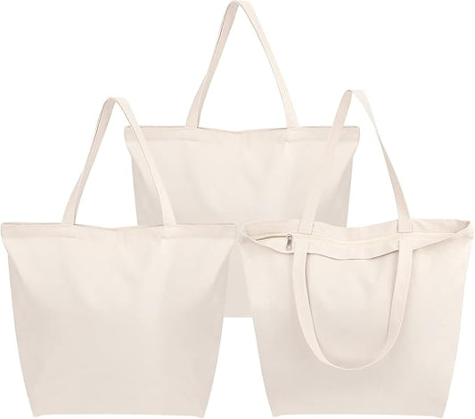 Segarty Canvas Tote Bag with Zipper, 3 Pack 18x15 Blank Canvas Bags for Women, Reusable Tote Bags Aesthetic with Natural Cotton Cloth Shoulder Strap, Bulk for DIY Grocery Beach Travel Gift