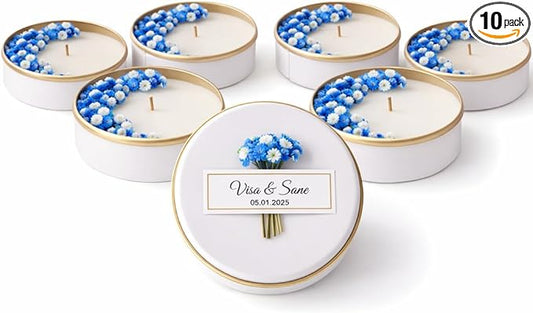 Personalized Natural Soy Wax Wedding Favor Candle Gift Set for Guest - Fall Winter Christmas Custom Dried Flower Bridal Baby Shower Gifts in Bulk (10 Pieces, Blue Flower)