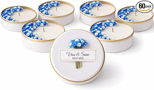 Personalized Natural Soy Wax Wedding Favor Candle Gift Set for Guest - Fall Winter Christmas Custom Dried Flower Bridal Baby Shower Gifts in Bulk (Blue Flower, 60 Pieces)