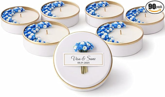 Personalized Natural Soy Wax Wedding Favor Candle Gift Set for Guest - Fall Winter Christmas Custom Dried Flower Bridal Baby Shower Gifts in Bulk (Blue Flower, 90 Pieces)