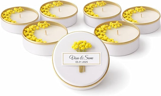 Personalized Natural Soy Wax Wedding Favor Candle Gift Set for Guest - Fall Winter Christmas Custom Dried Flower Bridal Baby Shower Gifts in Bulk (40 Pieces, Yellow Flower)
