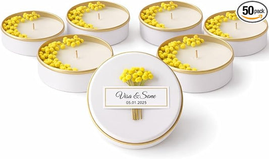 Personalized Natural Soy Wax Wedding Favor Candle Gift Set for Guest - Fall Winter Christmas Custom Dried Flower Bridal Baby Shower Gifts in Bulk (50 Pieces, Yellow Flower)