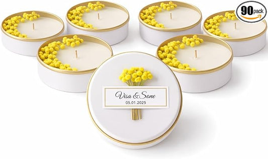 Personalized Natural Soy Wax Wedding Favor Candle Gift Set for Guest - Fall Winter Christmas Custom Dried Flower Bridal Baby Shower Gifts in Bulk (Yellow Flower, 90 Pieces)
