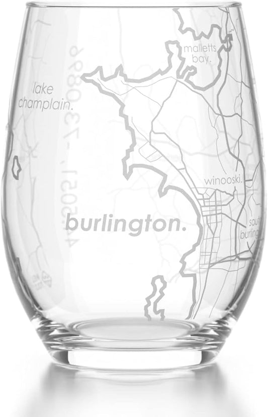 Well Told Engraved Burlington Vermont Map Stemless Wine Glass, Etched Glass (15 oz, Clear) City Custom Gifts for Lovers