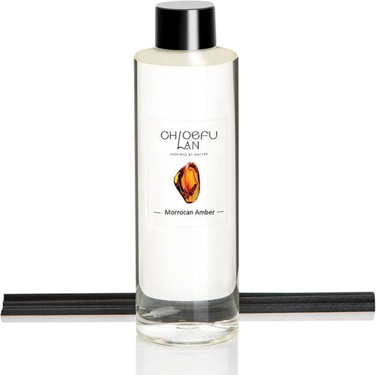Chloefu LAN Morrocan Amber Scented Oil Diffuser Refill 6.76 fl oz Natural Essential Oil - Best for Home Bathroom Shelf Decor, 0% Alcohol, Unique Blend to Promote Sleep & Relieve Stress