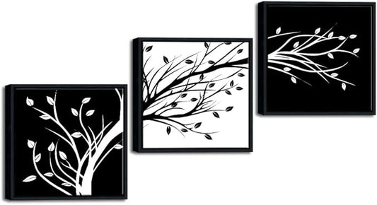 Wieco Art Framed Leaves Modern 3 Panels Flowers Artwork Canvas Prints Black and White Abstract Floral Trees Pictures Paintings on Canvas Wall Art for Living Room Home Decorations