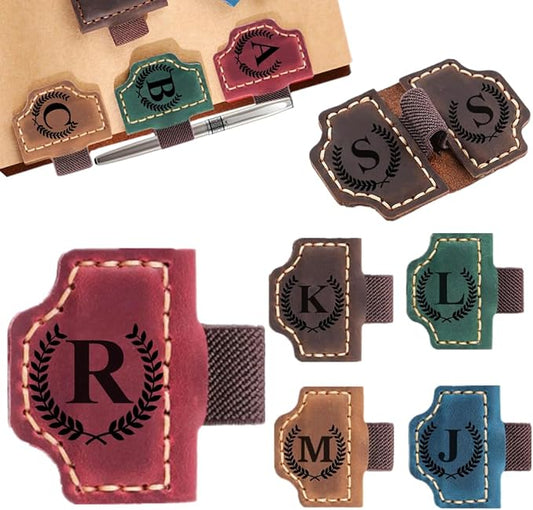 Custom Bookmark with Pen Holder with 26 Letters Personalized Magnetic Leather Book Mark, Customized Name Book Marker Clip with Initial for Men Women, Gifts for Book Lovers, Readers, (Red, R)