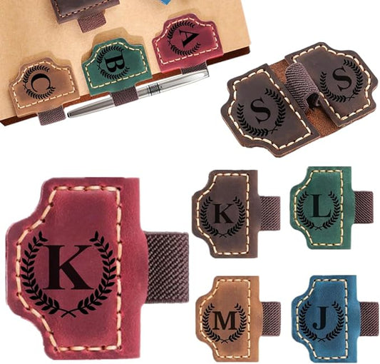 Custom Bookmark with Pen Holder with 26 Letters Personalized Magnetic Leather Book Mark, Customized Name Book Marker Clip with Initial for Men Women, Gifts for Book Lovers, Readers, (Red, K)