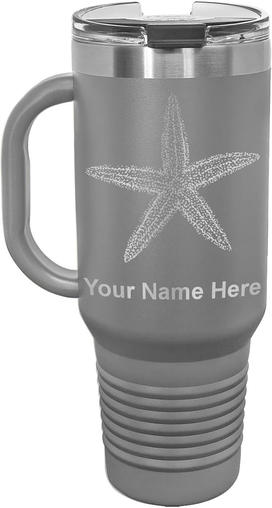 40oz Vacuum Insulated Travel Mug with Handle, Starfish, Personalized Engraving Included (Gray)