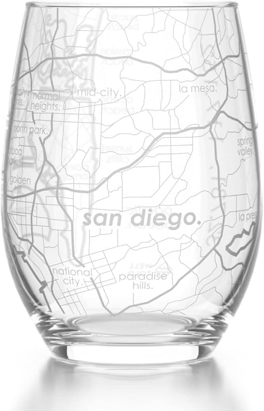 Well Told Engraved San Diego California Map Stemless Wine Glass, Etched Glass (15 oz, Clear) City Custom Gifts for Lovers
