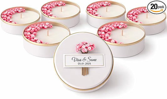 Personalized Natural Soy Wax Wedding Favor Candle Gift Set for Guest - Fall Winter Christmas Custom Dried Flower Bridal Baby Shower Gifts in Bulk (20 Pieces, Pink Flower)