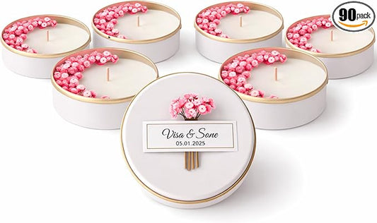 Personalized Natural Soy Wax Wedding Favor Candle Gift Set for Guest - Fall Winter Christmas Custom Dried Flower Bridal Baby Shower Gifts in Bulk (Pink Flower, 90 Pieces)