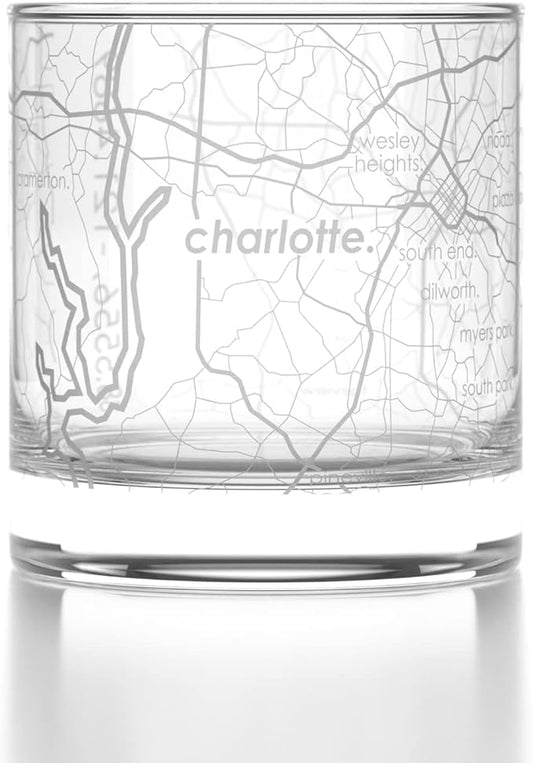 Well Told Engraved Charlotte North Carolina Map Rocks Glass, Old Fashioned Whiskey Glass (11 oz, Clear) Etched Whiskey Glass, Gifts For Whiskey Lovers