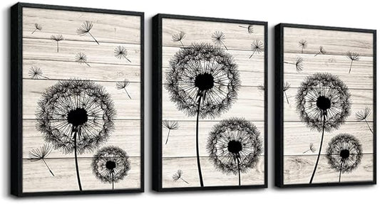 Framed Wall Art For Living Room Wall Decor For Bedroom Fashion Office Decor Abstract Wall Painting Black Dandelion Flowers Hang a Pictures Artwork Kitchen Home Decoration 3 Piece Black Wood Framed