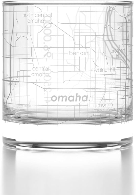 Well Told Engraved Omaha Nebraska Map Rocks Glass, Old Fashioned Whiskey Glass (11 oz, Clear) Etched Whiskey Glass, Gifts For Whiskey Lovers
