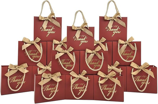 TKSBAG 100 Pack Small Thank You Gift Bags with Handles, 5.5''x 2.5''x4.7'' Mini Red Gift Bags Bulk for Baby Shower, Birthday, Wedding, Party Favors