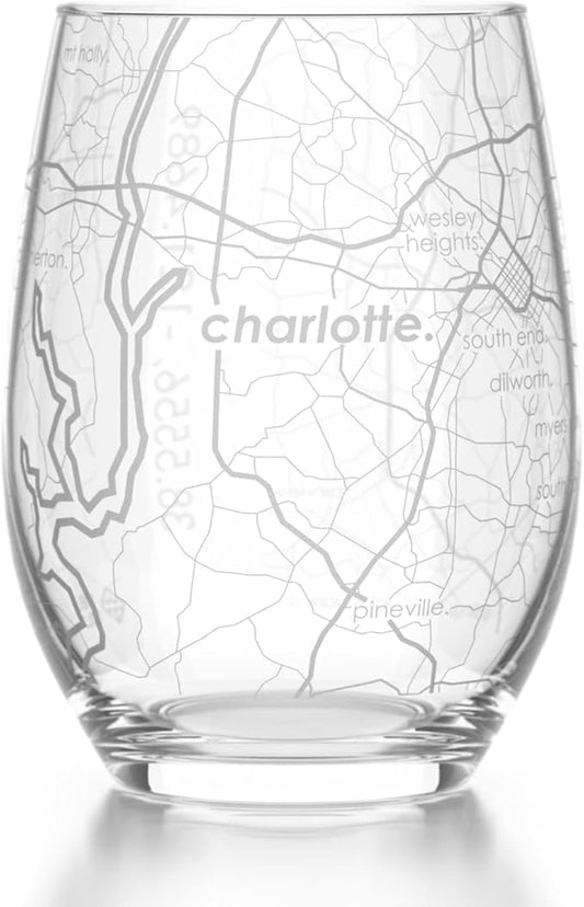 Well Told Engraved Charlotte North Carolina Map Stemless Wine Glass, Etched Glass (15 oz, Clear) City Custom Gifts for Lovers