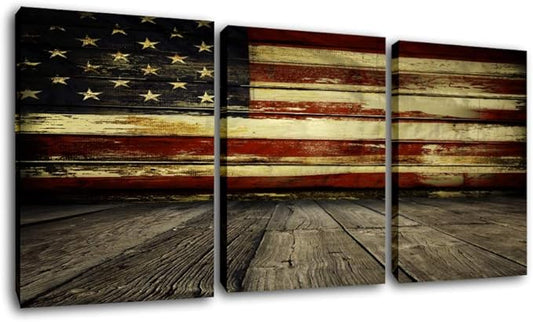 Wall Pictures for Living Room Native American USA Flag Wall Art on Canvas Wooden Floor Paintings 3 Piece Patriotic Artwork Giclee Contemporary House Decor Framed Stretched Ready to Hang(42''Wx20''H)