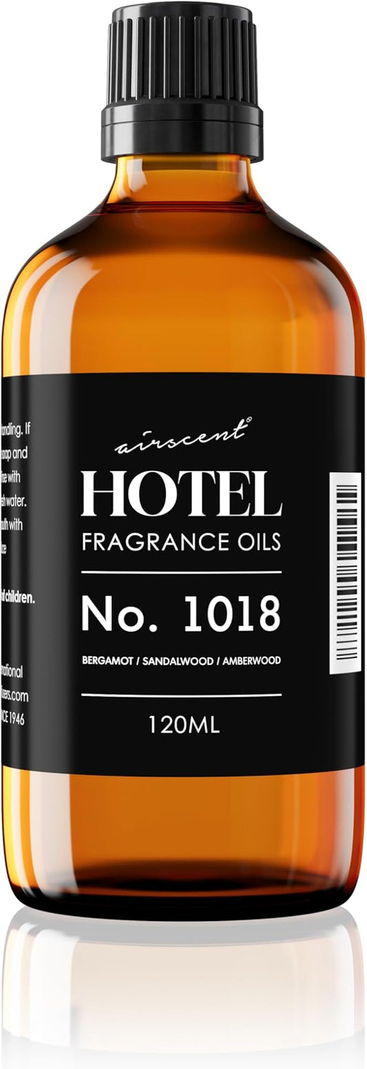 AirScent Hotel Diffuser Oil No. 1018 - Bergamot, Sandalwood Amberwood - Hotel Scent Dupe - Premium Fragrance Oil for Ultrasonic and Waterless Diffusers and Crafting - 120 ml, 4 fl oz Glass Bottle