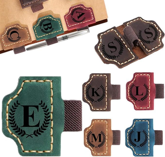Custom Bookmark with Pen Holder with 26 Letters Personalized Magnetic Leather Book Mark, Customized Name Book Marker Clip with Initial for Men Women, Gifts for Book Lovers, Readers, (Green, E)