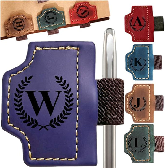 Custom Bookmark with Pen Holder with 26 Letters Personalized Magnetic Leather Book Mark, Customized Name Book Marker Clip with Initial for Men Women, Gifts for Book Lovers, Readers, (Purple, W)