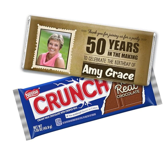 Milestone Party Favors For Adults Birthday Crunch Candy Bars, Prewrapped, Personalized labels with Photo (36 Pack) - All Ages