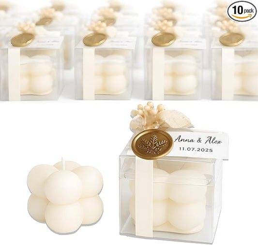 Personalized Bubble Candle Favors with Dried Flowers & Wax Seal – Soy Wax Wedding & Bridal, Baby Shower Bulk Event Gifts (10–200 pcs)