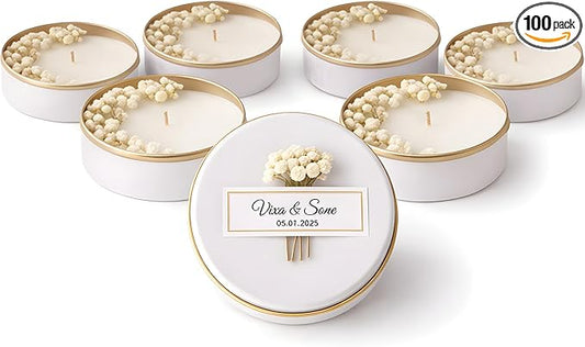 Personalized Natural Soy Wax Wedding Favor Candle Gift Set for Guest - Fall Winter Christmas Custom Dried Flower Bridal Baby Shower Gifts in Bulk (100 Pieces, White Flower)