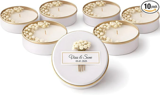 Personalized Natural Soy Wax Wedding Favor Candle Gift Set for Guest - Fall Winter Christmas Custom Dried Flower Bridal Baby Shower Gifts in Bulk (10 Pieces, White Flower)