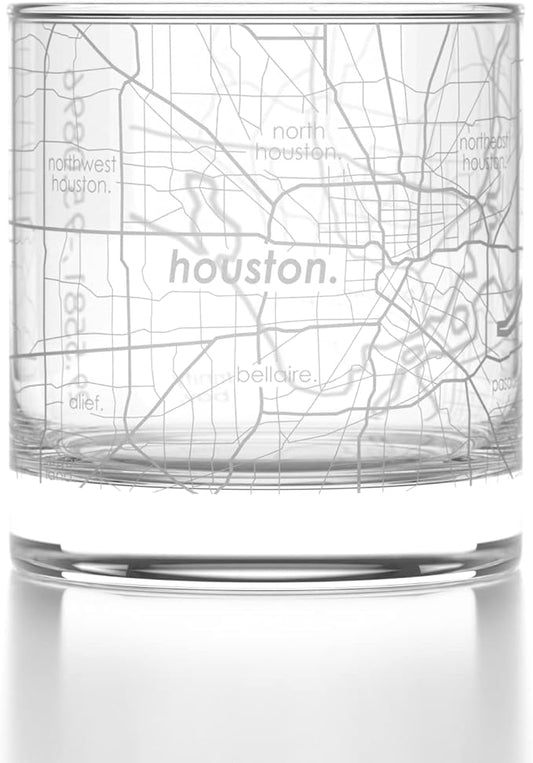 Well Told Engraved Houston Texas Map Rocks Glass, Old Fashioned Whiskey Glass (11 oz, Clear) Etched Whiskey Glass, Gifts For Whiskey Lovers