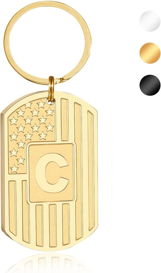 Valentines Day Gifts for Him -Initial Keychain Gifts for Men,A-Z Letter American Flag KeyChain for Men