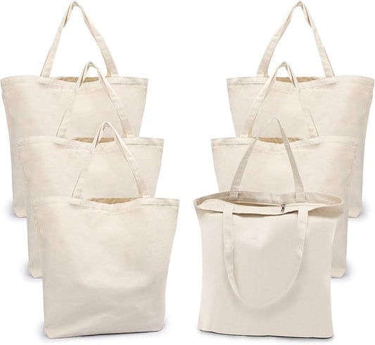 Segarty Canvas Tote Bag with Zipper, 6 PACK 19.7 x 15.7 inch Bags with Handles, 12 Oz Thick Reusable Plain Washable Grocery Shopping Totes for Teacher DIY Art Crafts Painting Decoration