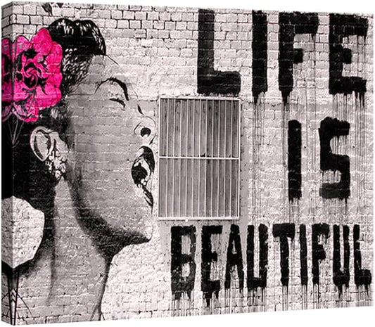 Wieco Art Abstract Giclee Canvas Prints Wall Art Ready to Hang for Kitchen Home Office Decor Banksy Life is Beautiful Large Modern Stretched and Framed Grey Impressionist Pictures Paintings Artwork