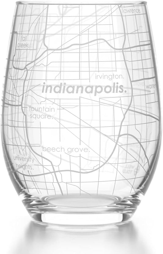 Well Told Engraved Indianapolis Indiana Map Stemless Wine Glass, Etched Glass (15 oz, Clear) City Custom Gifts for Lovers