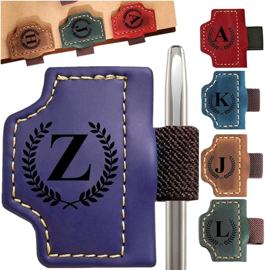 Custom Bookmark with Pen Holder with 26 Letters Personalized Magnetic Leather Book Mark, Customized Name Book Marker Clip with Initial for Men Women, Gifts for Book Lovers, Readers, (Purple, Z)