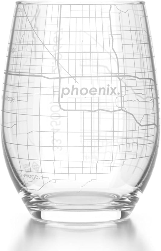 Well Told Engraved Phoenix Arizona Map Stemless Wine Glass, Etched Glass (15 oz, Clear) City Custom Gifts for Lovers