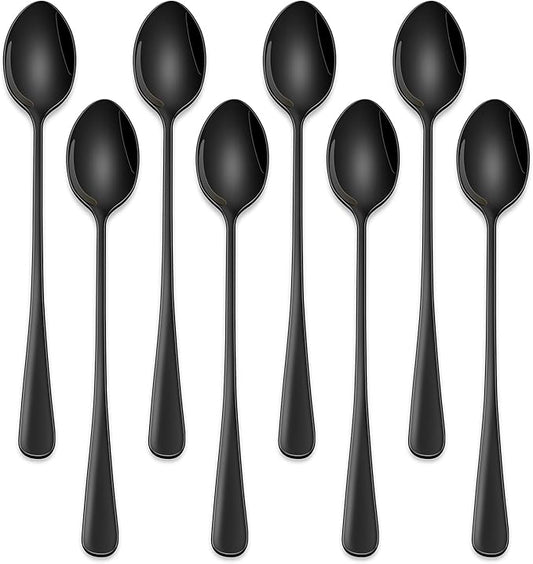 7.5 Inches Black Coffee Stirring Spoons Set,Set Of 8 Stanless Steel Iced Teaspoons,Long Handle Mixing Spoons For Cocktail And Sundae,Long Ice Cream Spoons