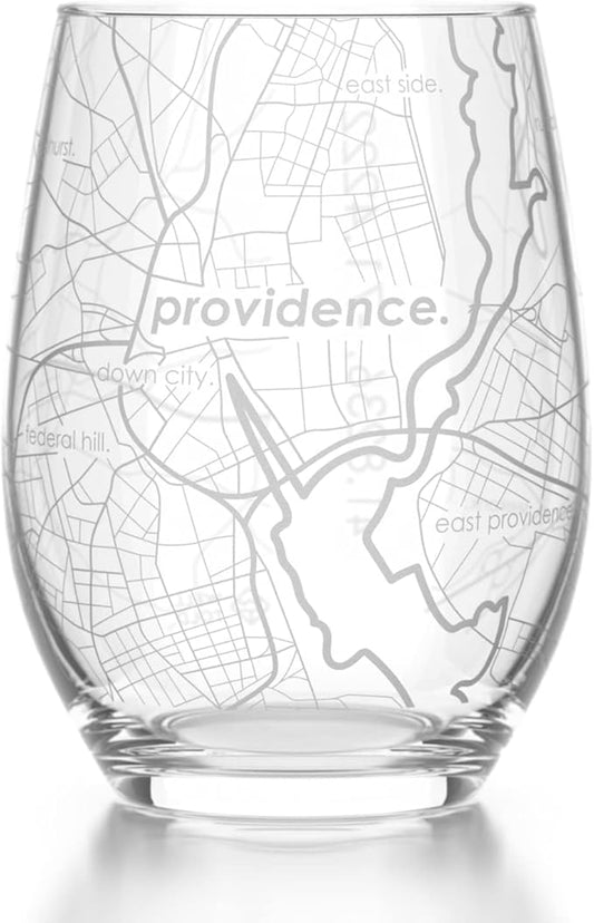 Well Told Engraved Providence Rhode Island Map Stemless Wine Glass, Etched Glass (15 oz, Clear) City Custom Gifts for Lovers