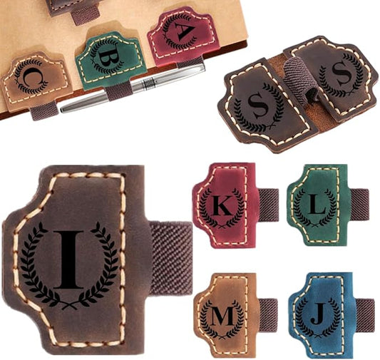 Custom Bookmark with Pen Holder with 26 Letters Personalized Magnetic Leather Book Mark, Customized Name Book Marker Clip with Initial for Men Women, Gifts for Book Lovers, Readers, (Coffee, I)