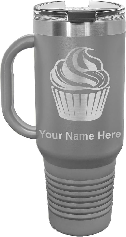 40oz Vacuum Insulated Travel Mug with Handle, Cup Cake, Personalized Engraving Included (Gray)