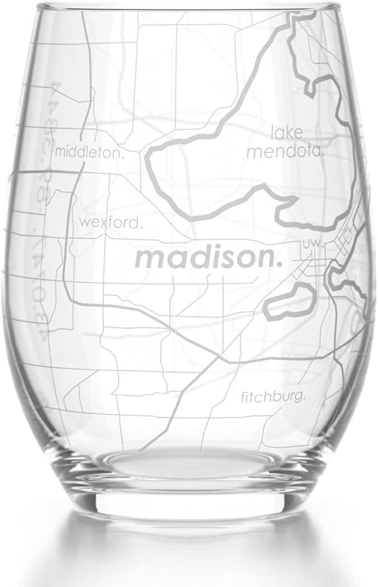 Well Told Engraved Madison Wisconsin Map Stemless Wine Glass, Etched Glass (15 oz, Clear) City Custom Gifts for Lovers