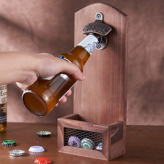 Bottle Opener with Cap CollectorCatcher,Vintage Wooden Wall Mounted Bottle Opener, Ideal Gift for Men and Beer Lovers, Use as Bar Decoration.