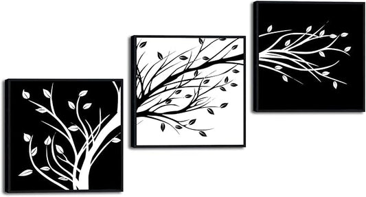 Wieco Art Black Framed Leaves Modern 3 Panels Flowers Artwork Black and White Abstract Floral Trees Canvas Prints Wall Art for Living Room Home Decorations