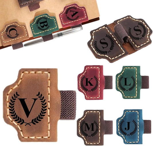 Custom Bookmark with Pen Holder with 26 Letters Personalized Magnetic Leather Book Mark, Customized Name Book Marker Clip with Initial for Men Women, Gifts for Book Lovers, Readers, (Brown, V)