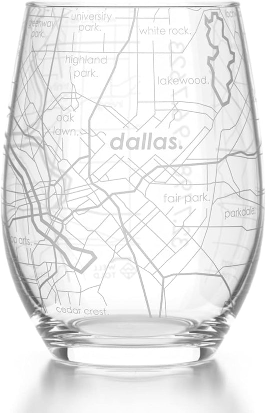 Well Told Engraved Dallas Texas Map Stemless Wine Glass, Etched Glass (15 oz, Clear) City Custom Gifts for Lovers