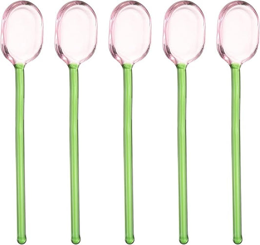 uxcell 5 Pcs Glass Coffee Spoons, 6.2 Inch Coffee Stirring Spoon, Long Handle Teaspoons for Tea Cocktail Milkshake Cold Drink, Green