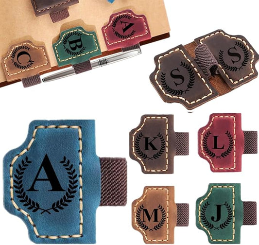 Custom Bookmark with Pen Holder with 26 Letters Personalized Magnetic Leather Book Mark, Customized Name Book Marker Clip with Initial for Men Women, Gifts for Book Lovers, Readers, (Blue, A)
