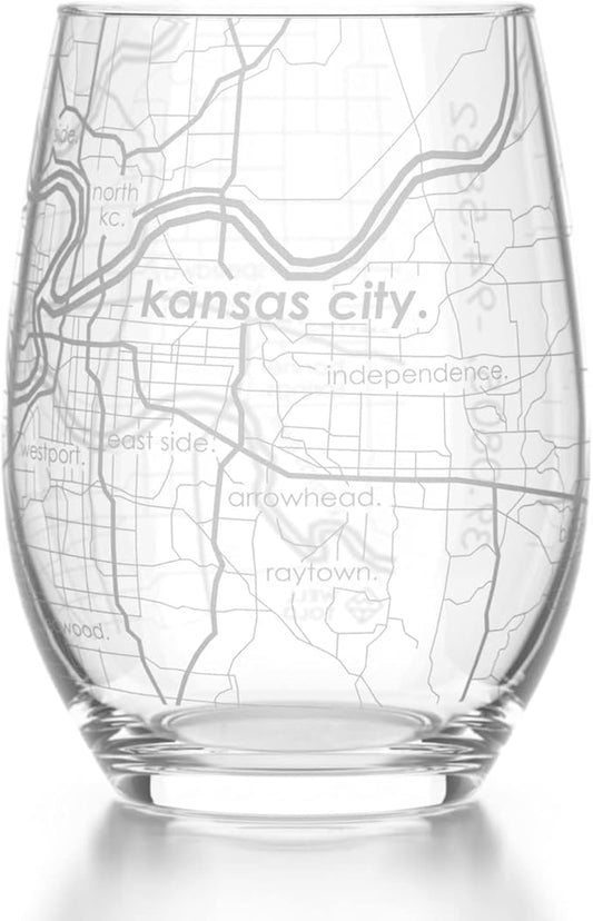 Well Told Engraved Kansas City Missouri Map Stemless Wine Glass, Etched Glass (15 oz, Clear) Custom Gifts for Lovers