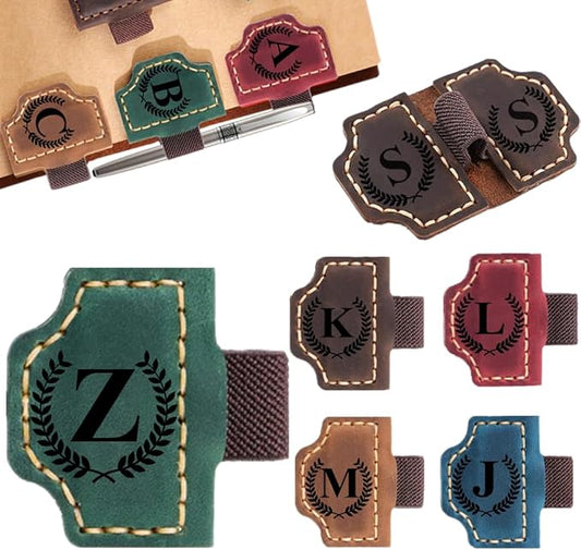 Custom Bookmark with Pen Holder with 26 Letters Personalized Magnetic Leather Book Mark, Customized Name Book Marker Clip with Initial for Men Women, Gifts for Book Lovers, Readers, (Green, Z)