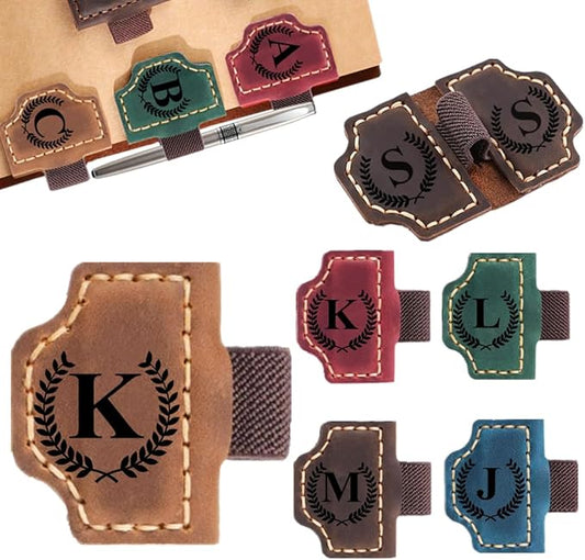 Custom Bookmark with Pen Holder with 26 Letters Personalized Magnetic Leather Book Mark, Customized Name Book Marker Clip with Initial for Men Women, Gifts for Book Lovers, Readers, (Brown, K)